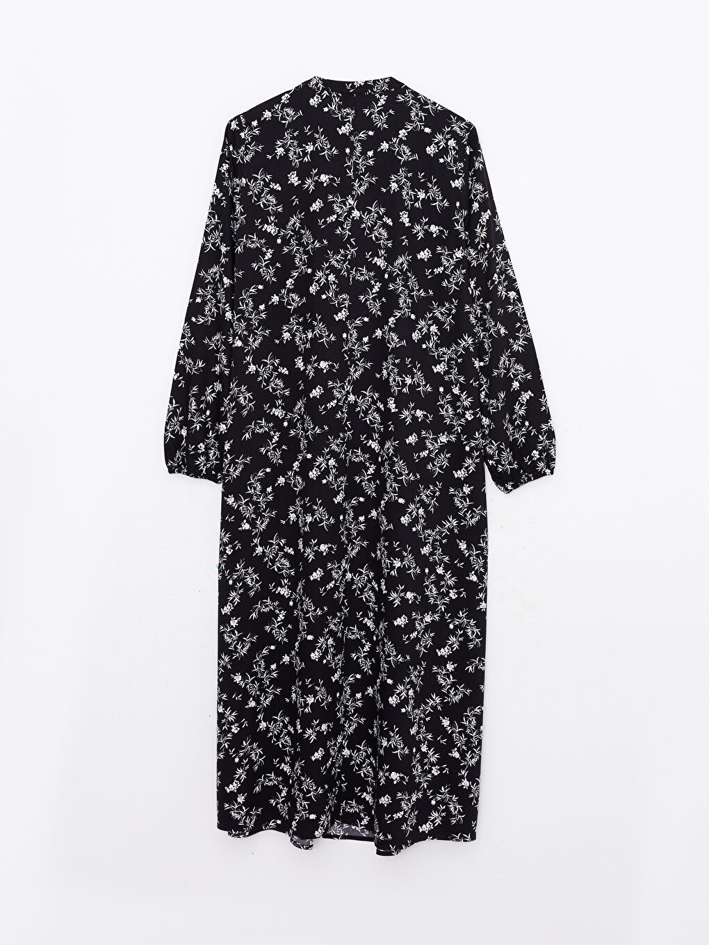 Siyah Bisiklet Yaka Desenli Uzun Kollu Viskon Kadın Elbise-6