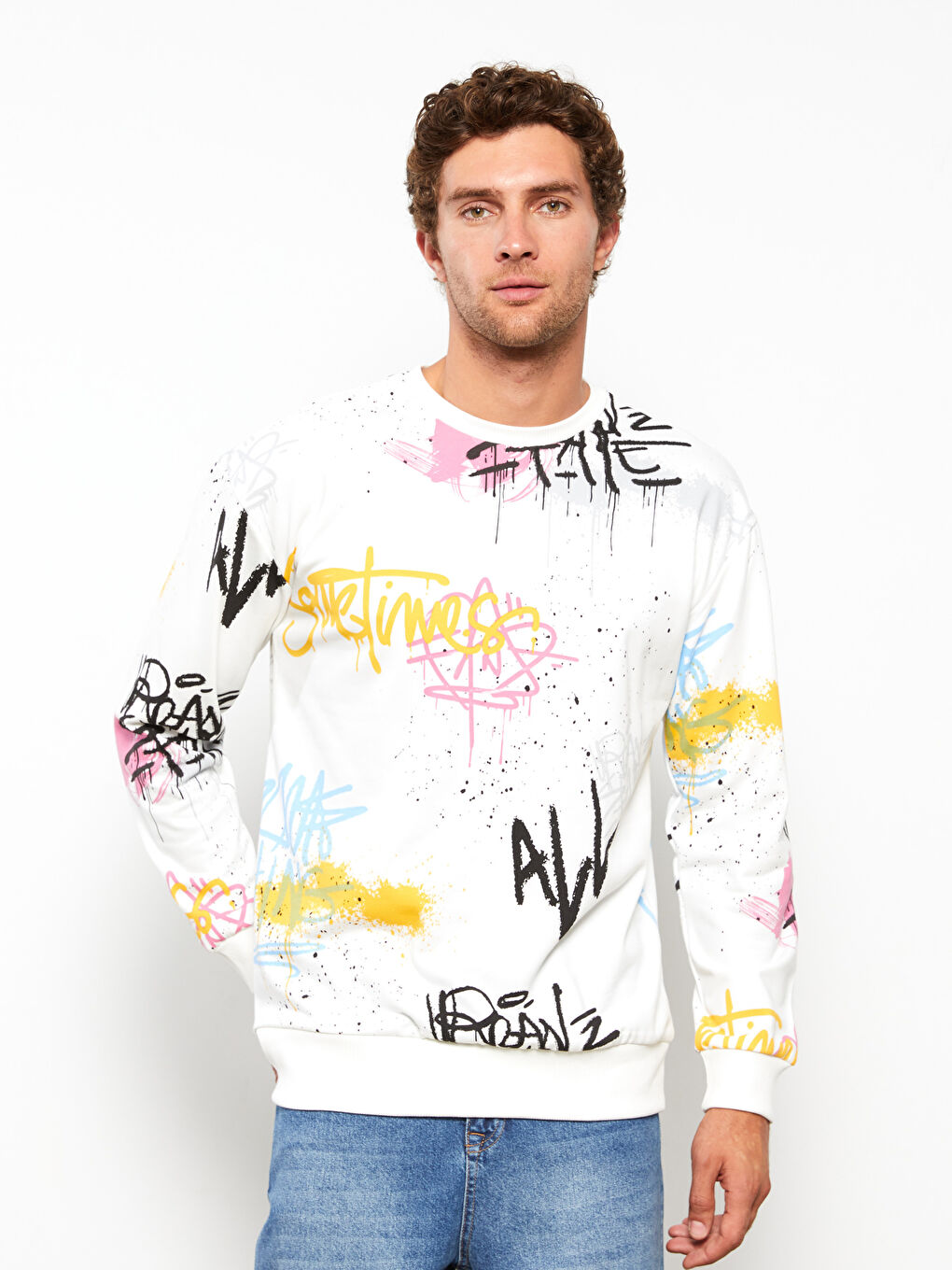 سويت شيرت كم طويل مطبوع بياقة دائرية للرجال-1