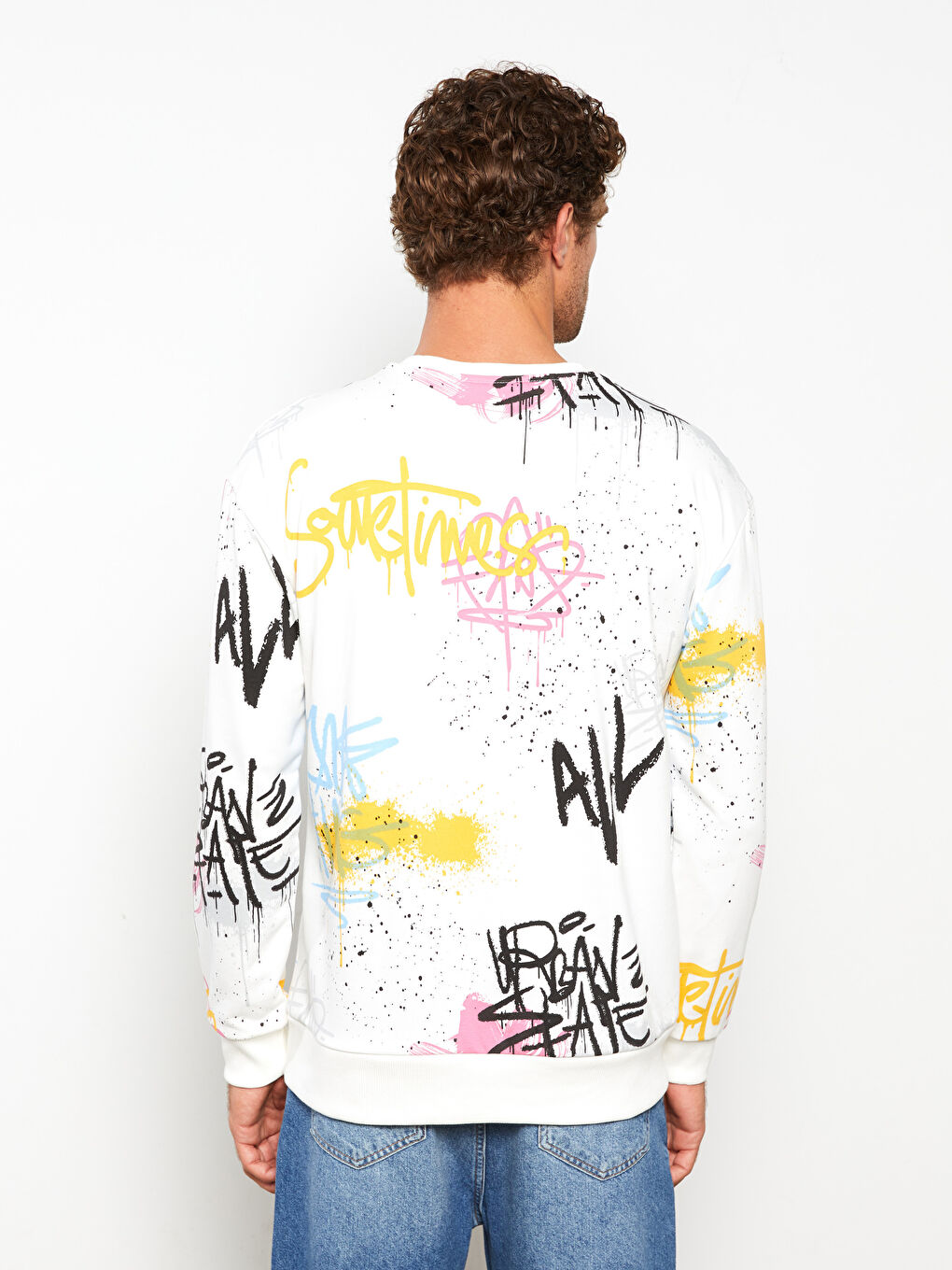 سويت شيرت كم طويل مطبوع بياقة دائرية للرجال-4