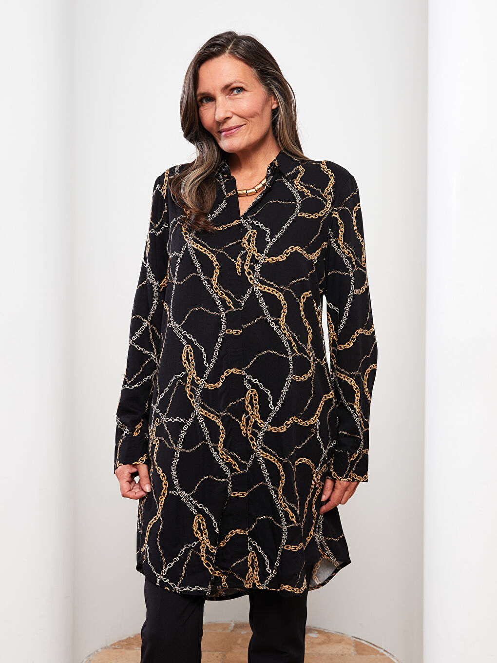 Patterned Long Sleeve Viscose Women's Shirt Tunic
