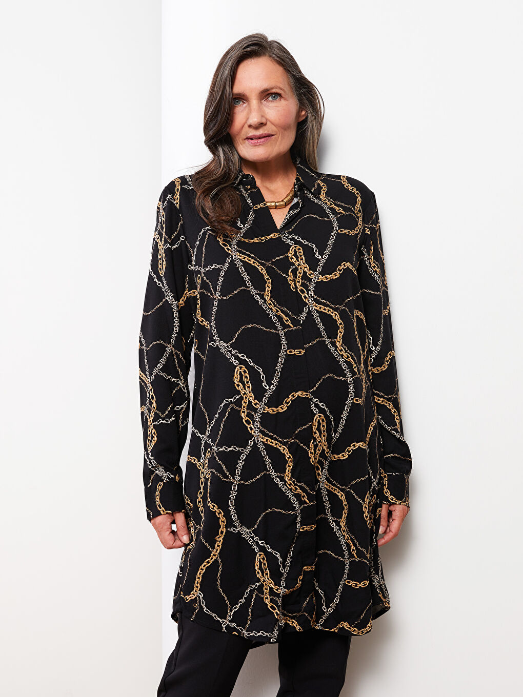 Patterned Long Sleeve Viscose Women's Shirt Tunic-1