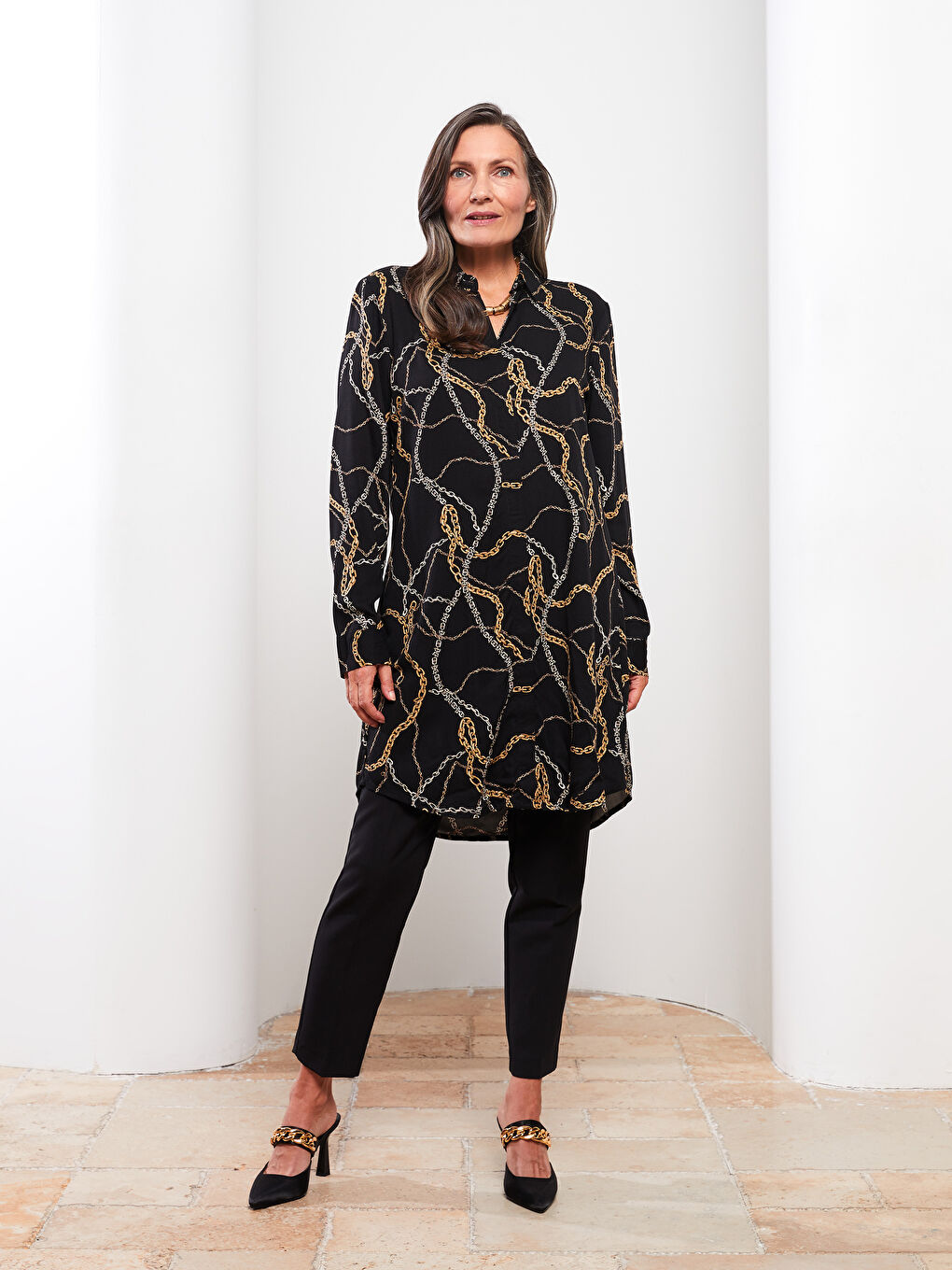 Patterned Long Sleeve Viscose Women's Shirt Tunic-2