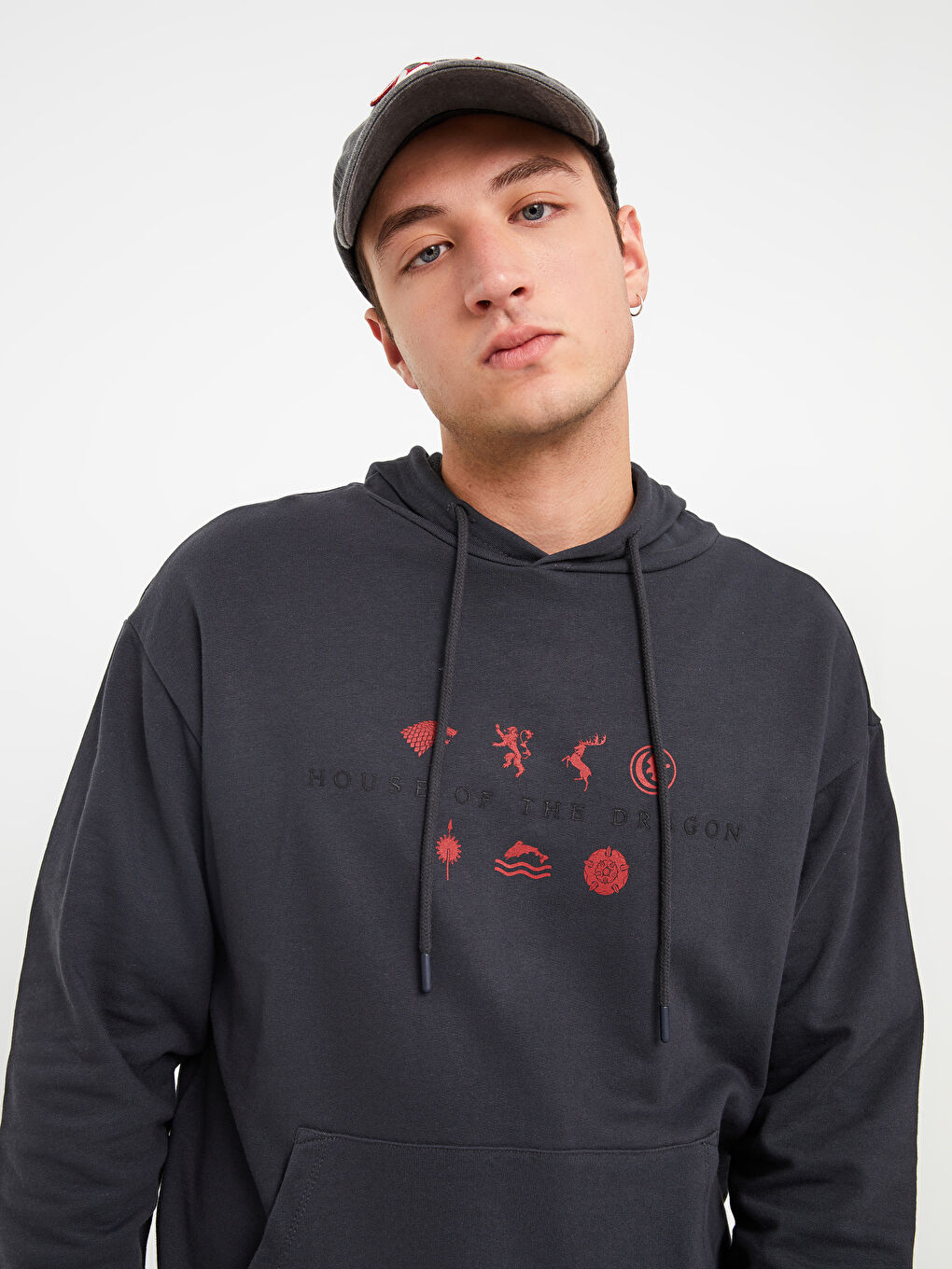 Antrasit Oversize Uzun Kollu House of the Dragon Baskılı Erkek Hoodie