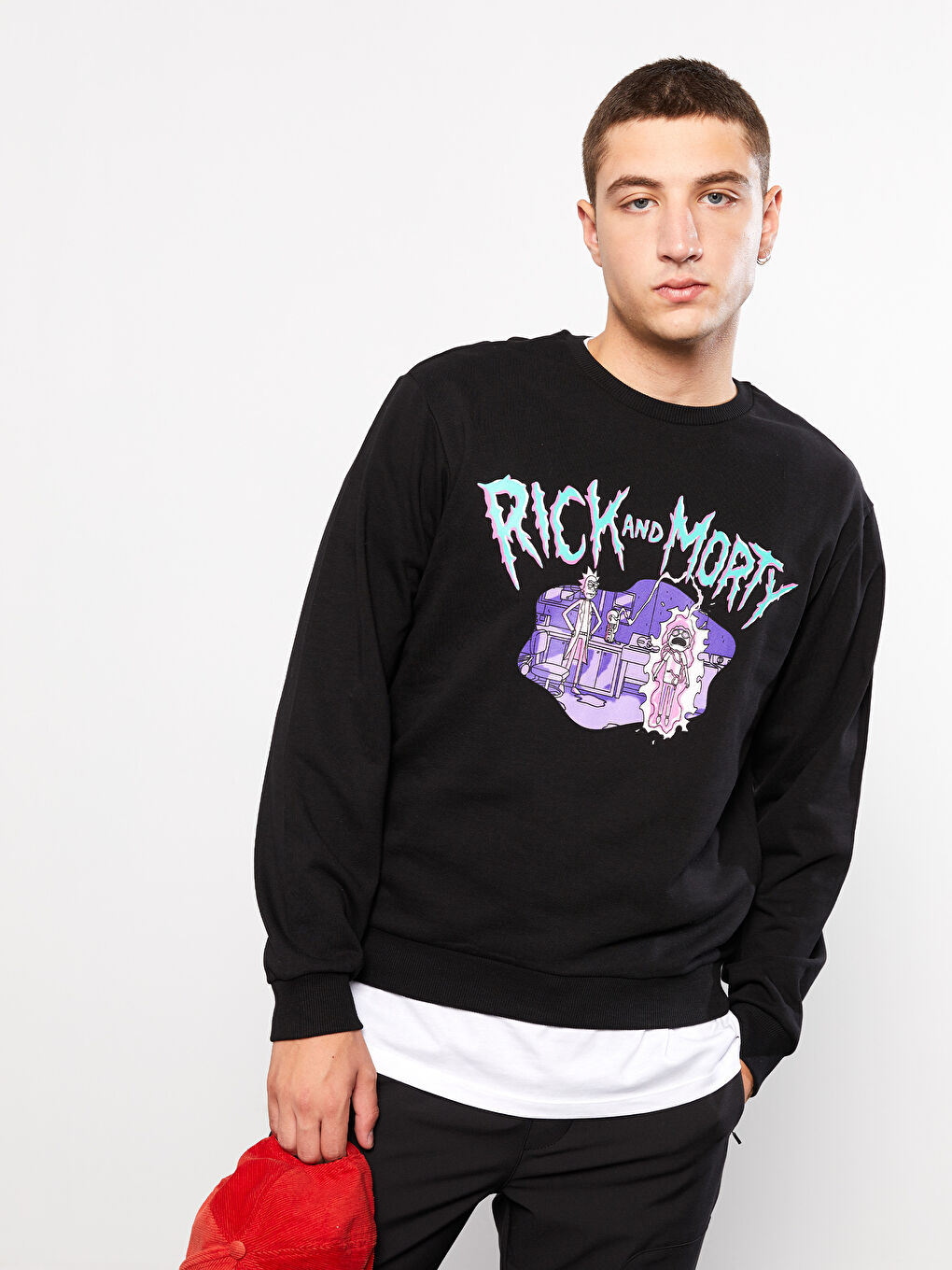 XSIDE Yeni Siyah Bisiklet Yaka Uzun Kollu Rick and Morty Baskılı Erkek Sweatshirt