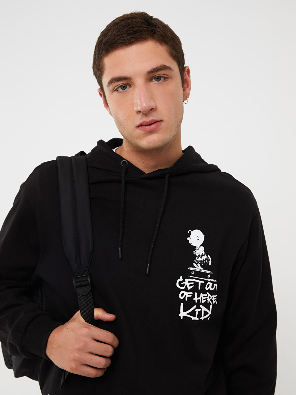 XSIDE Yeni Siyah Uzun Kollu Snoopy Baskılı Erkek Hoodie