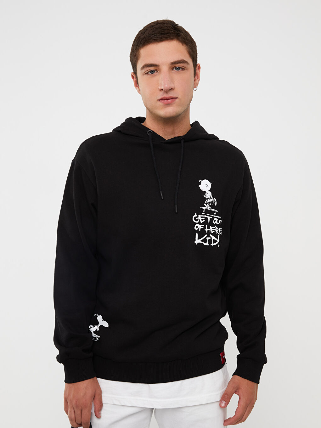 XSIDE Yeni Siyah Uzun Kollu Snoopy Baskılı Erkek Hoodie - 1