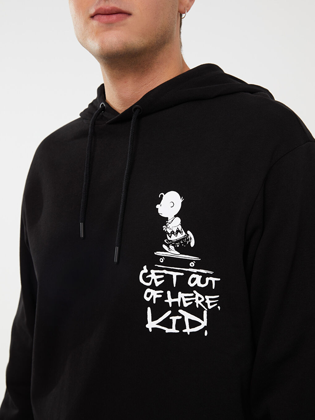 XSIDE Yeni Siyah Uzun Kollu Snoopy Baskılı Erkek Hoodie - 3