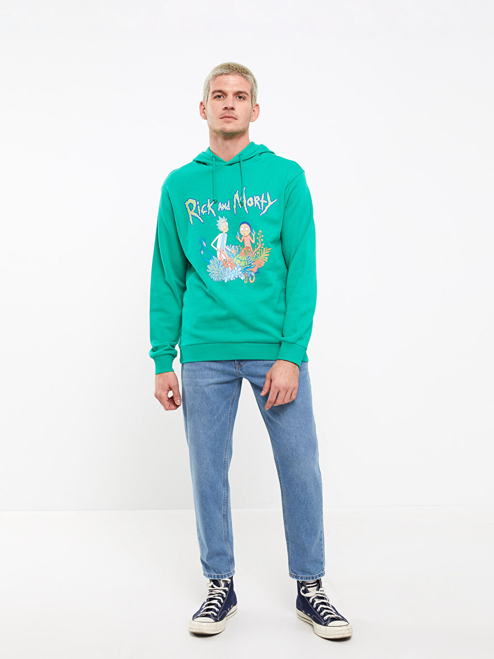 XSIDE Yeşil Uzun Kollu Rick and Morty Baskılı Erkek Hoodie - 1