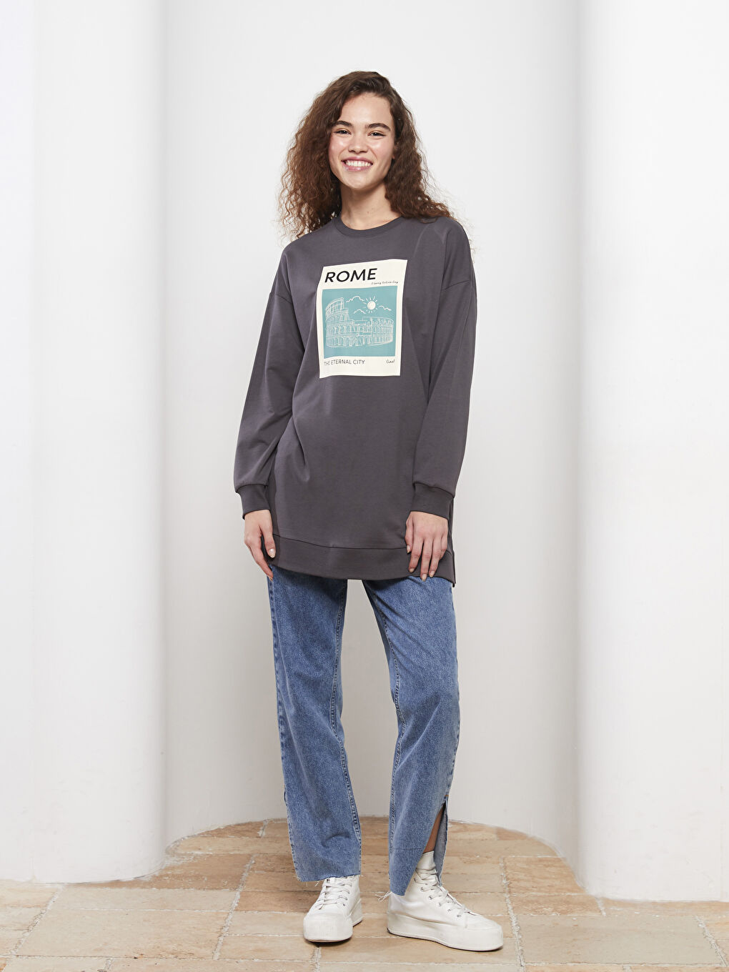 LCW Modest Antrasit Bisiklet Yaka Baskılı Uzun Kollu Oversize Kadın Sweatshirt Tunik - 2