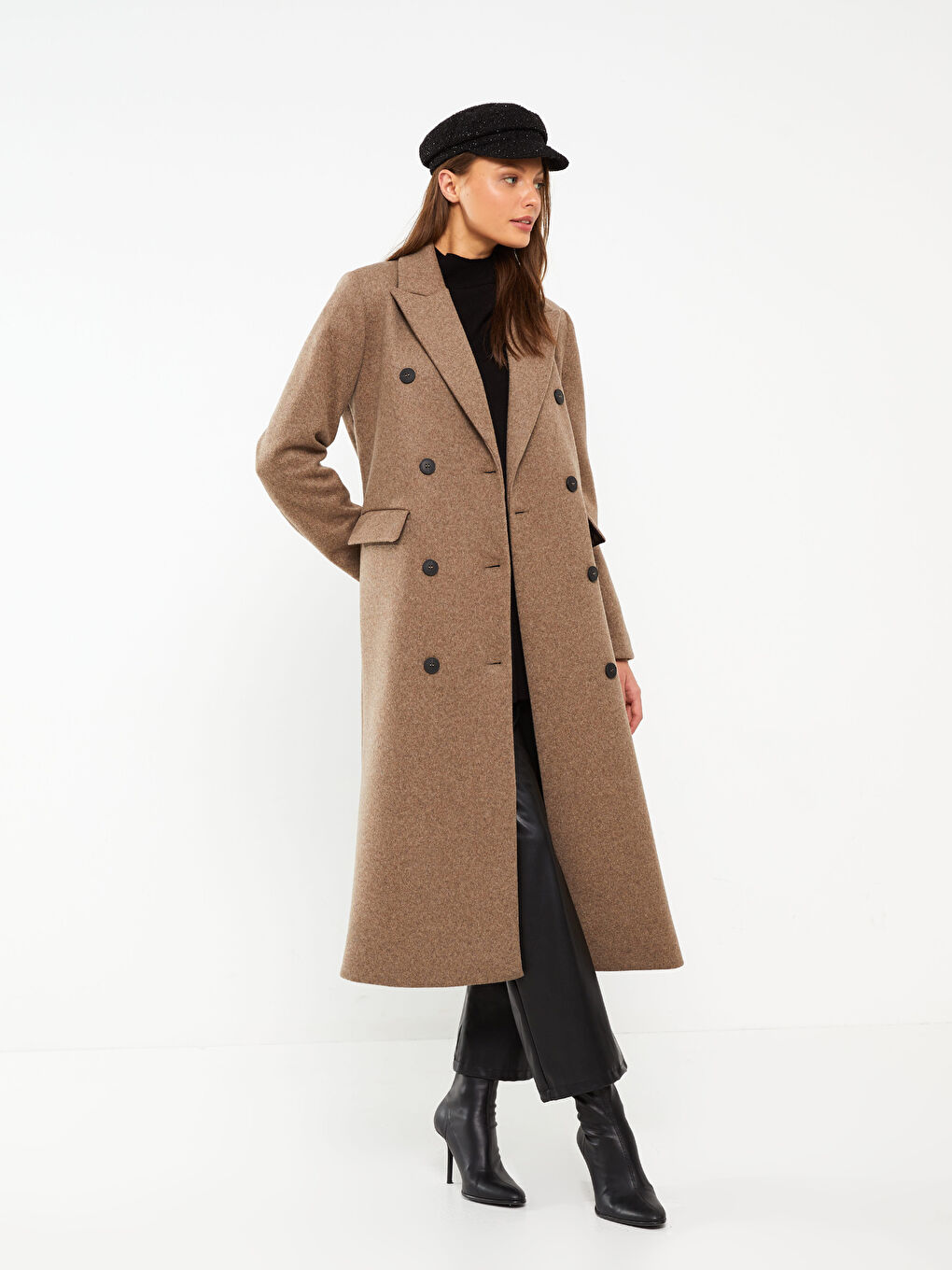 Kahverengi Ceket Yaka Kadın Kaşe Kaban-1