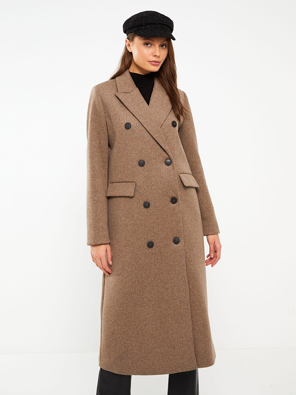 Kahverengi Ceket Yaka Kadın Kaşe Kaban-2