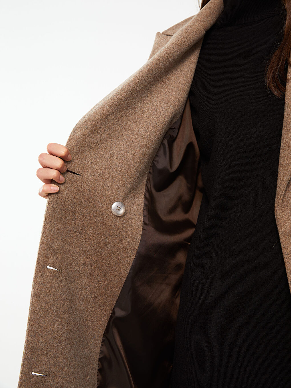 Kahverengi Ceket Yaka Kadın Kaşe Kaban-3