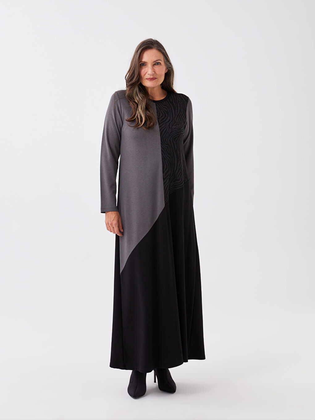 Crew Neck Long Sleeve A-Cut Women's Dress with Color Block-1