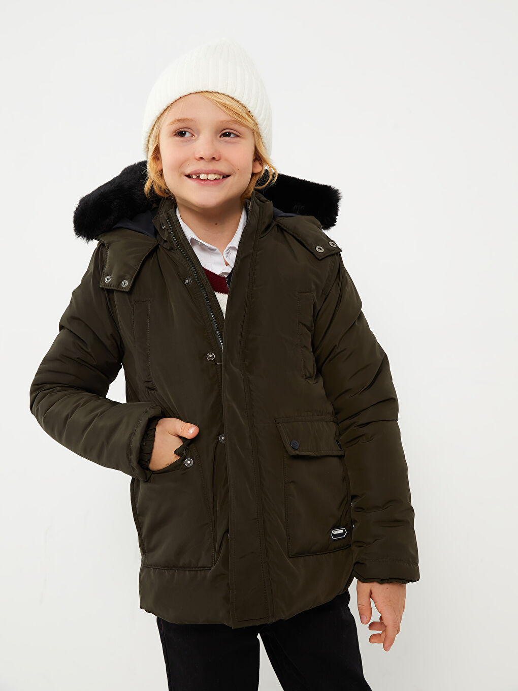 Haki Kapüşonlu Basic Erkek Çocuk Mont-2