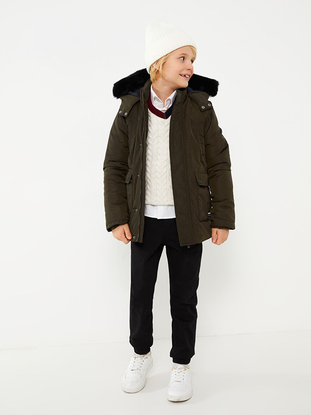 Haki Kapüşonlu Basic Erkek Çocuk Mont-3