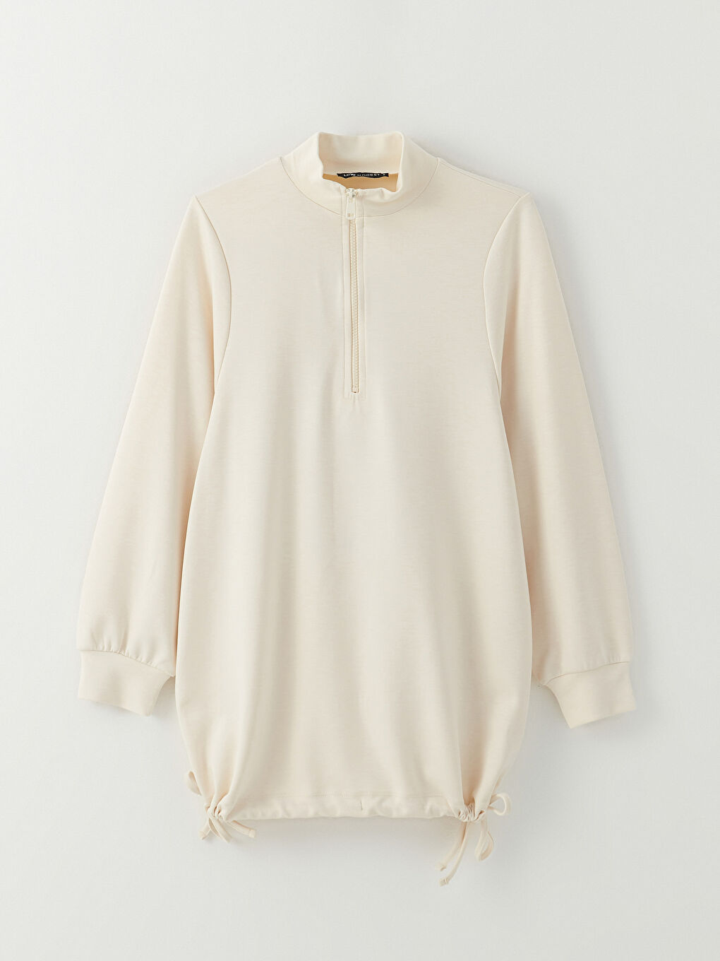 Ekru Dik Yaka Düz Uzun Kollu Kadın Tunik