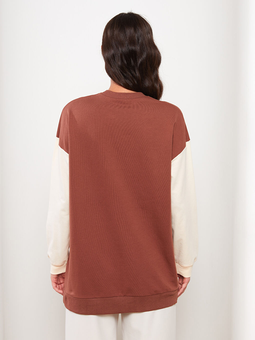 Kahverengi Bisiklet Yaka Baskılı Uzun Kollu Oversize Kadın Sweatshirt Tunik-4