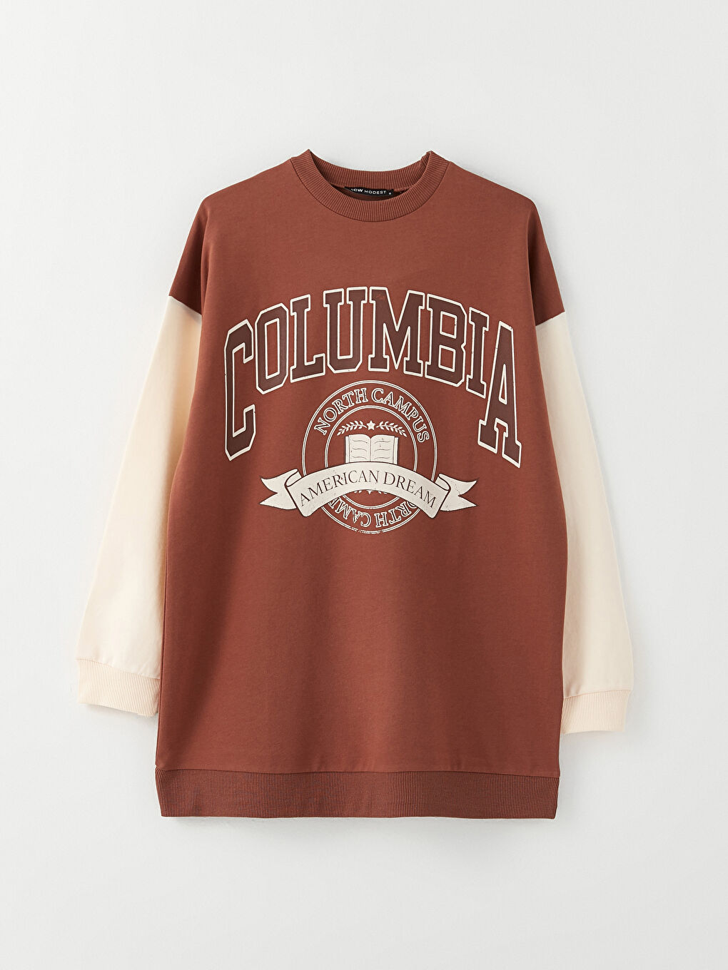 Kahverengi Bisiklet Yaka Baskılı Uzun Kollu Oversize Kadın Sweatshirt Tunik-5