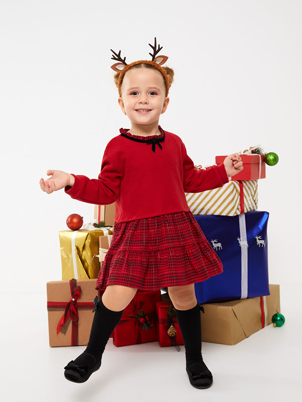 LCW baby Crew Neck Long Sleeve Plaid Patterned Baby Girl Dress -W2FC94Z1-R3T