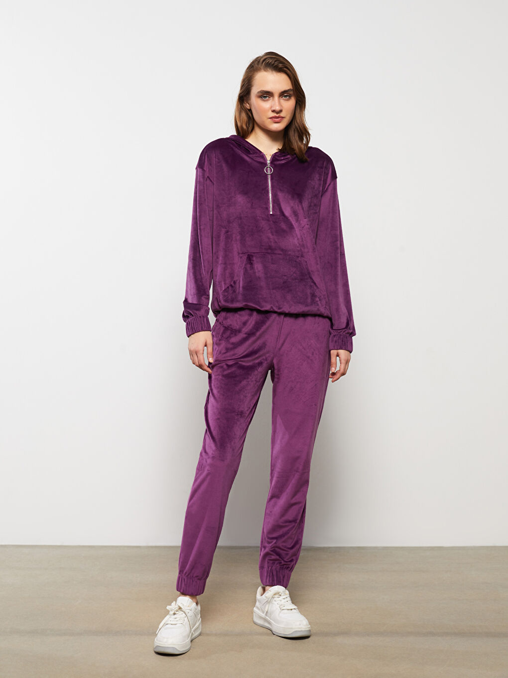 Pantaloni de Trening Jogger de Damă din Catifea cu Talie Elastică-1