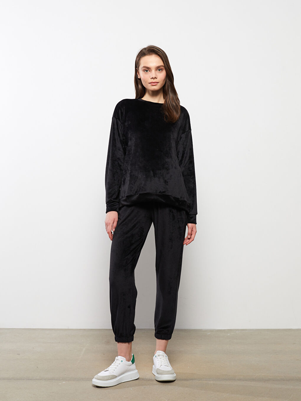 Pantaloni de Trening Gravide din Catifea Simpli cu Talie Elastică și Manșetă Elastică-1