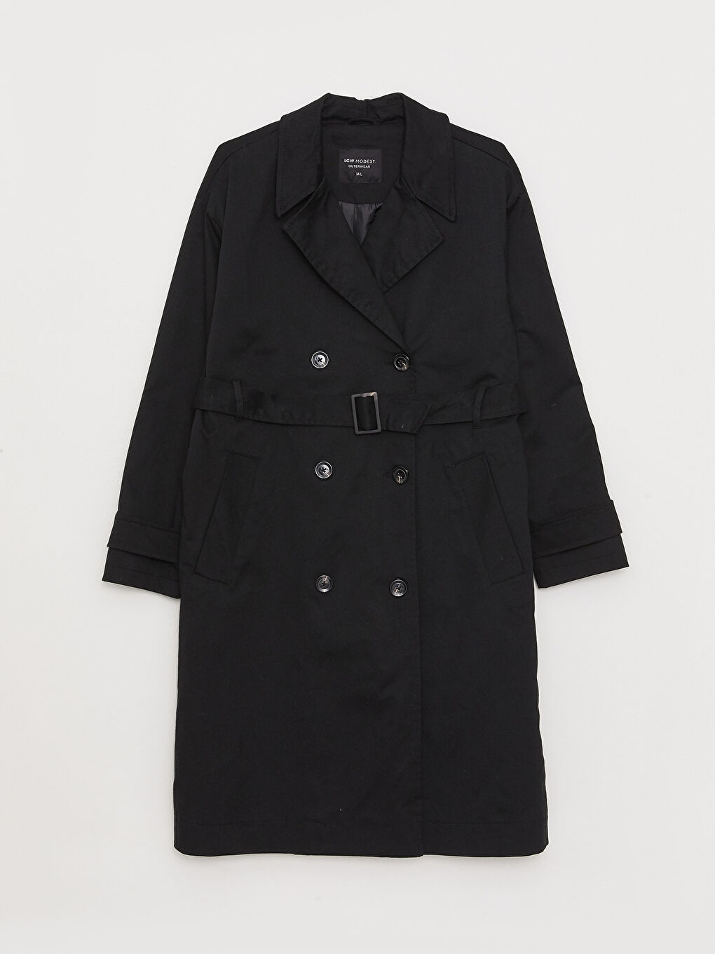 Siyah Ceket Yaka Düz Uzun Kollu Kadın Trençkot-6