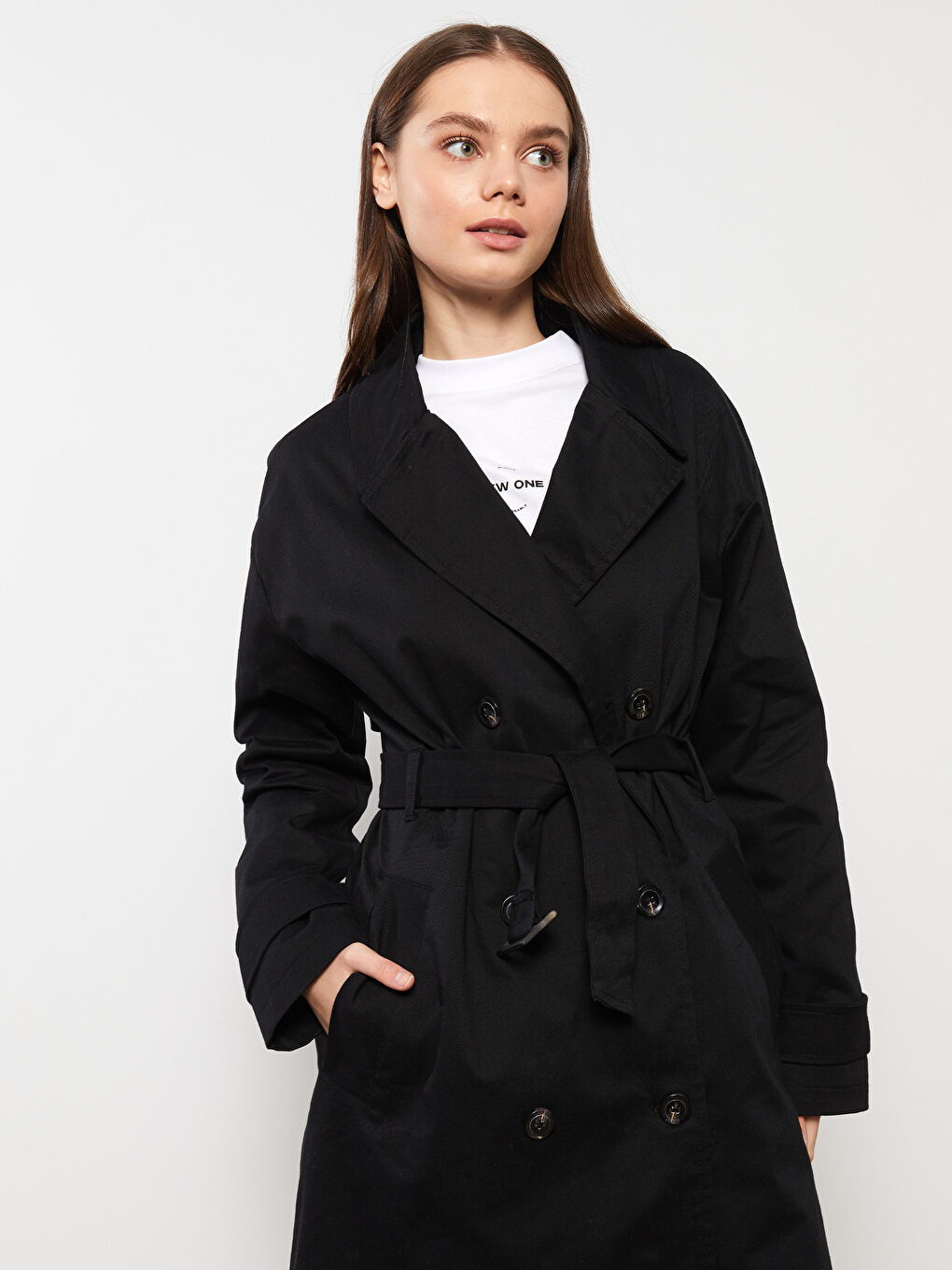 Siyah Ceket Yaka Düz Uzun Kollu Kadın Trençkot-1