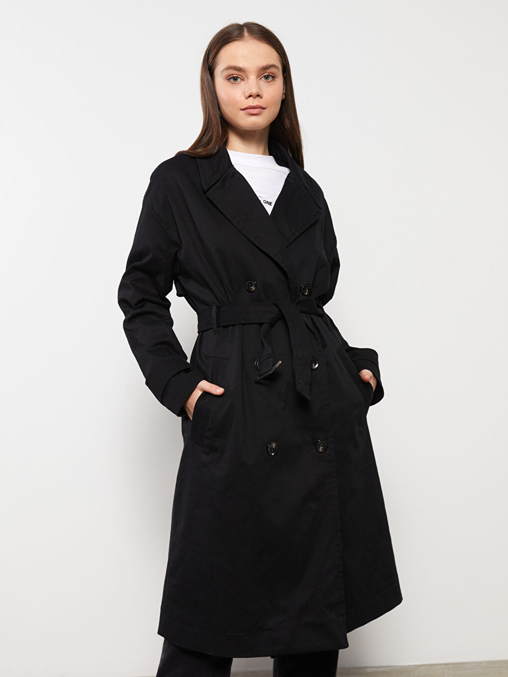 Siyah Ceket Yaka Düz Uzun Kollu Kadın Trençkot-2