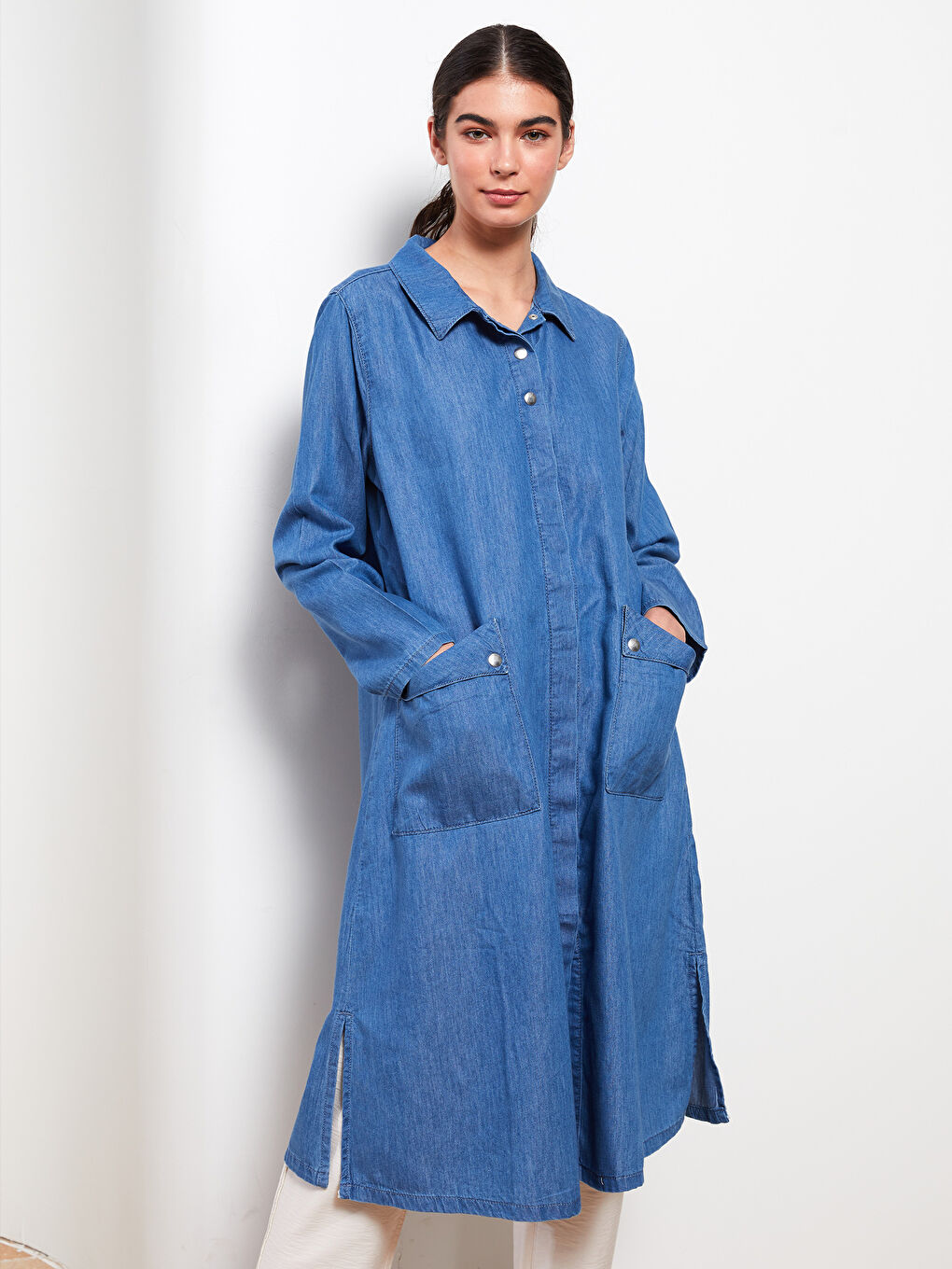 Mavi Gömlek Yaka Düz Uzun Kollu Kadın Jean Elbise