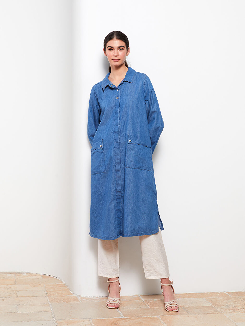 Mavi Gömlek Yaka Düz Uzun Kollu Kadın Jean Elbise-1