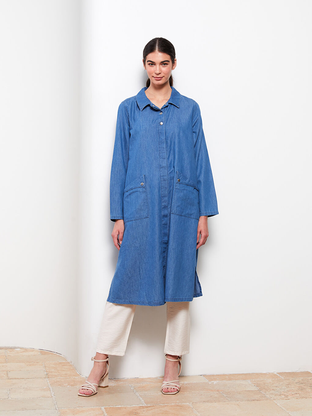 Mavi Gömlek Yaka Düz Uzun Kollu Kadın Jean Elbise-2