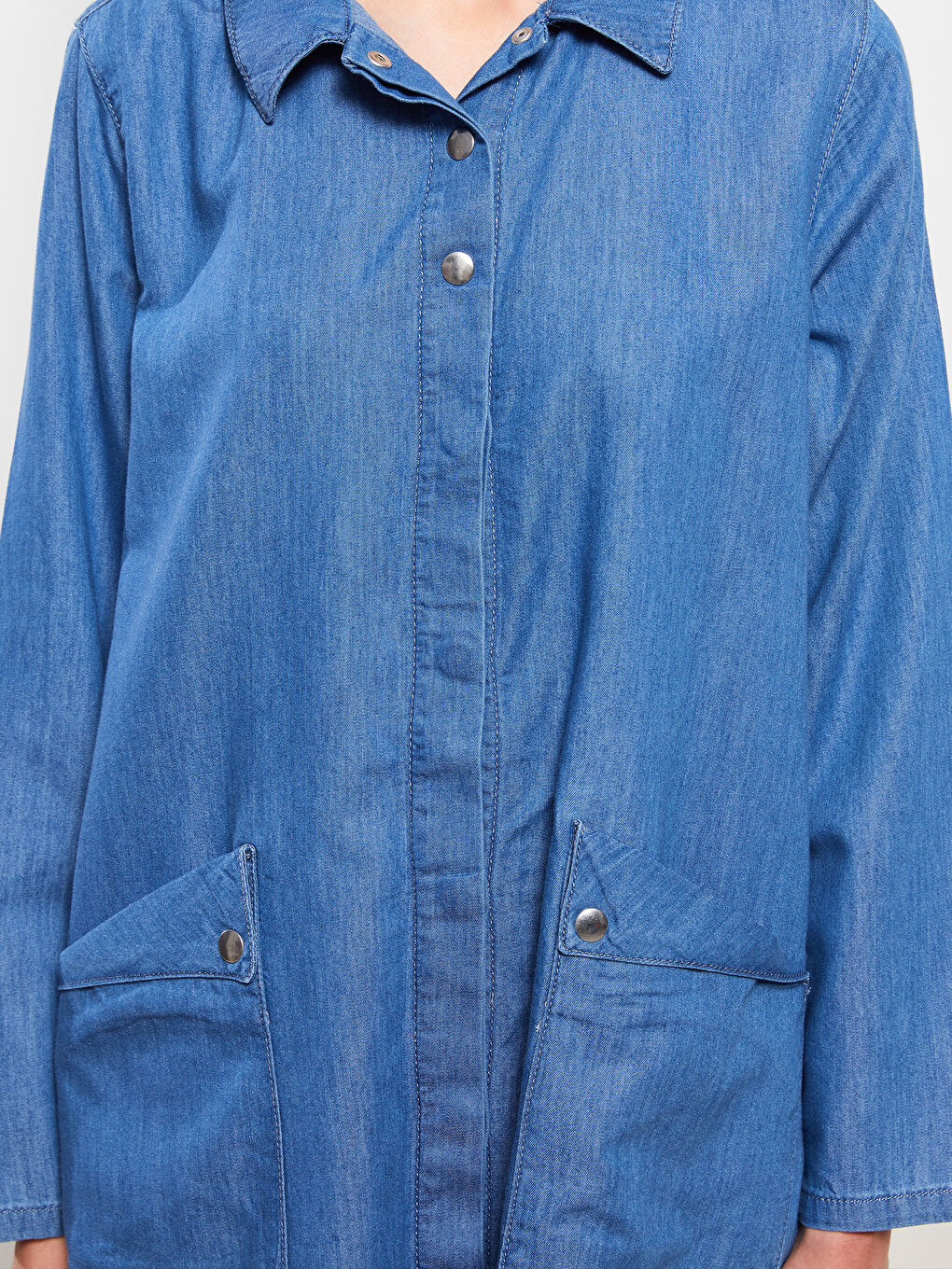 Mavi Gömlek Yaka Düz Uzun Kollu Kadın Jean Elbise-3