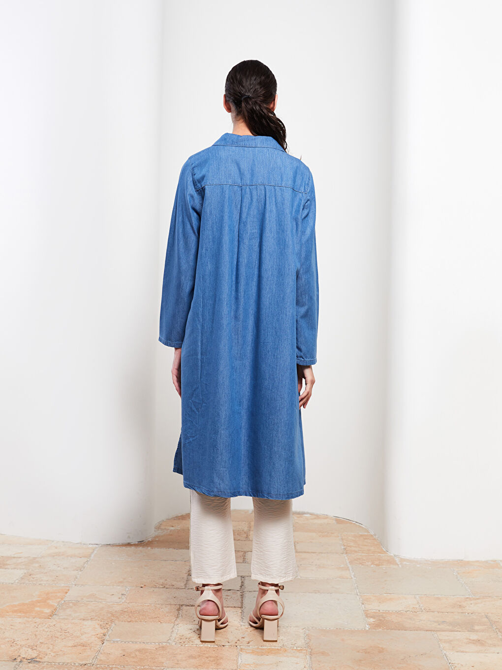 Mavi Gömlek Yaka Düz Uzun Kollu Kadın Jean Elbise-4