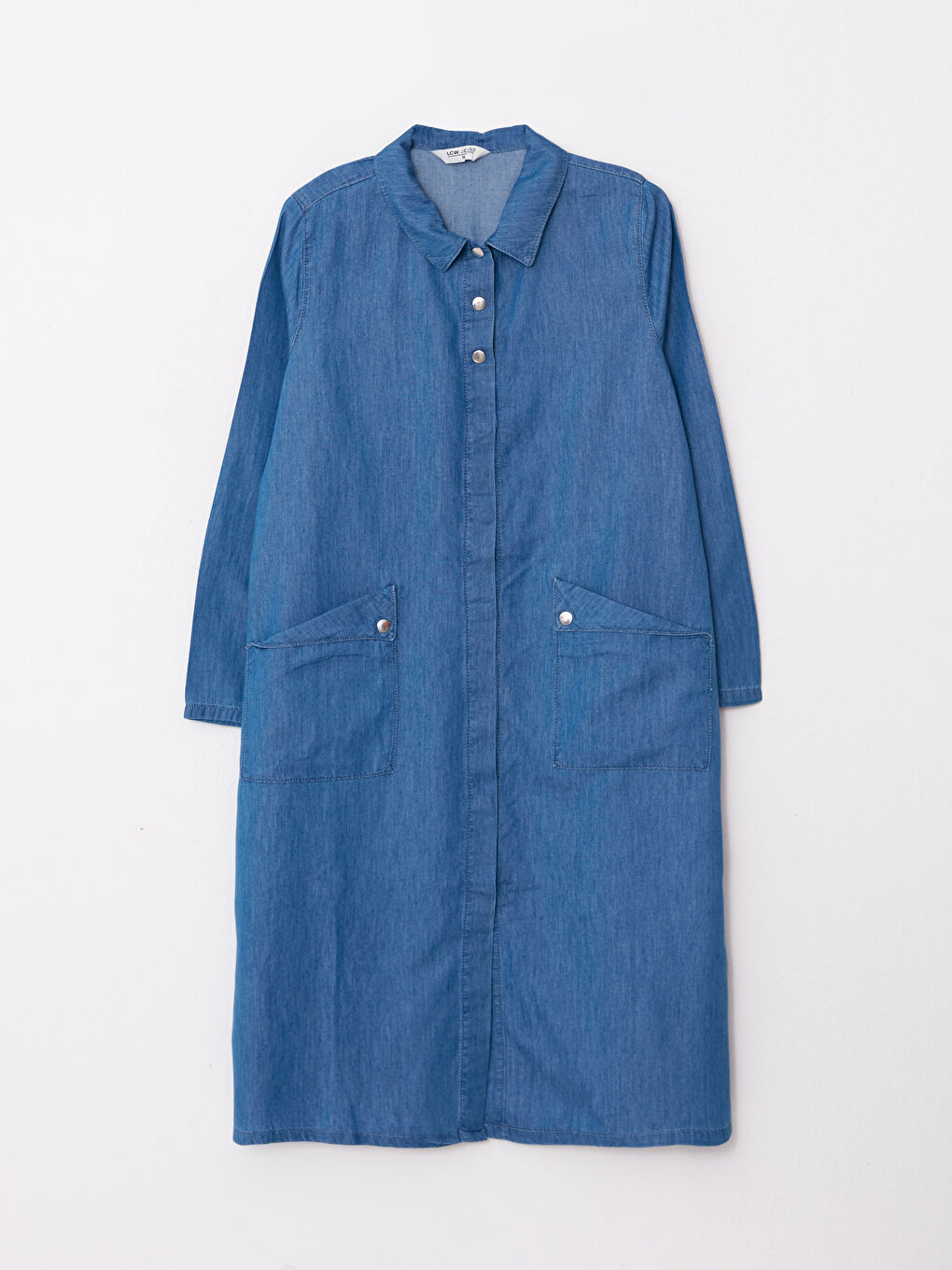 Mavi Gömlek Yaka Düz Uzun Kollu Kadın Jean Elbise-5