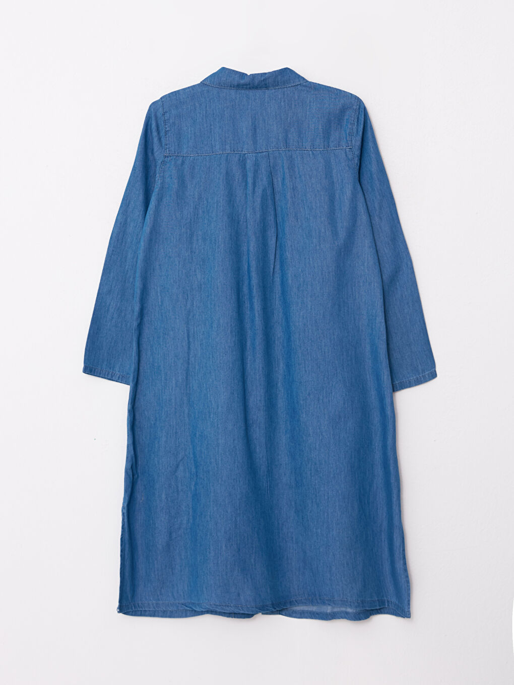 Mavi Gömlek Yaka Düz Uzun Kollu Kadın Jean Elbise-6