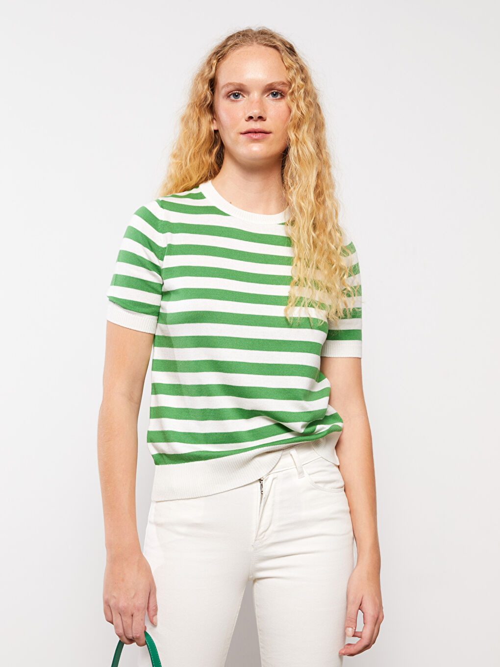 Crew Neck Striped Short Sleeve Women's Knitwear Sweater-1