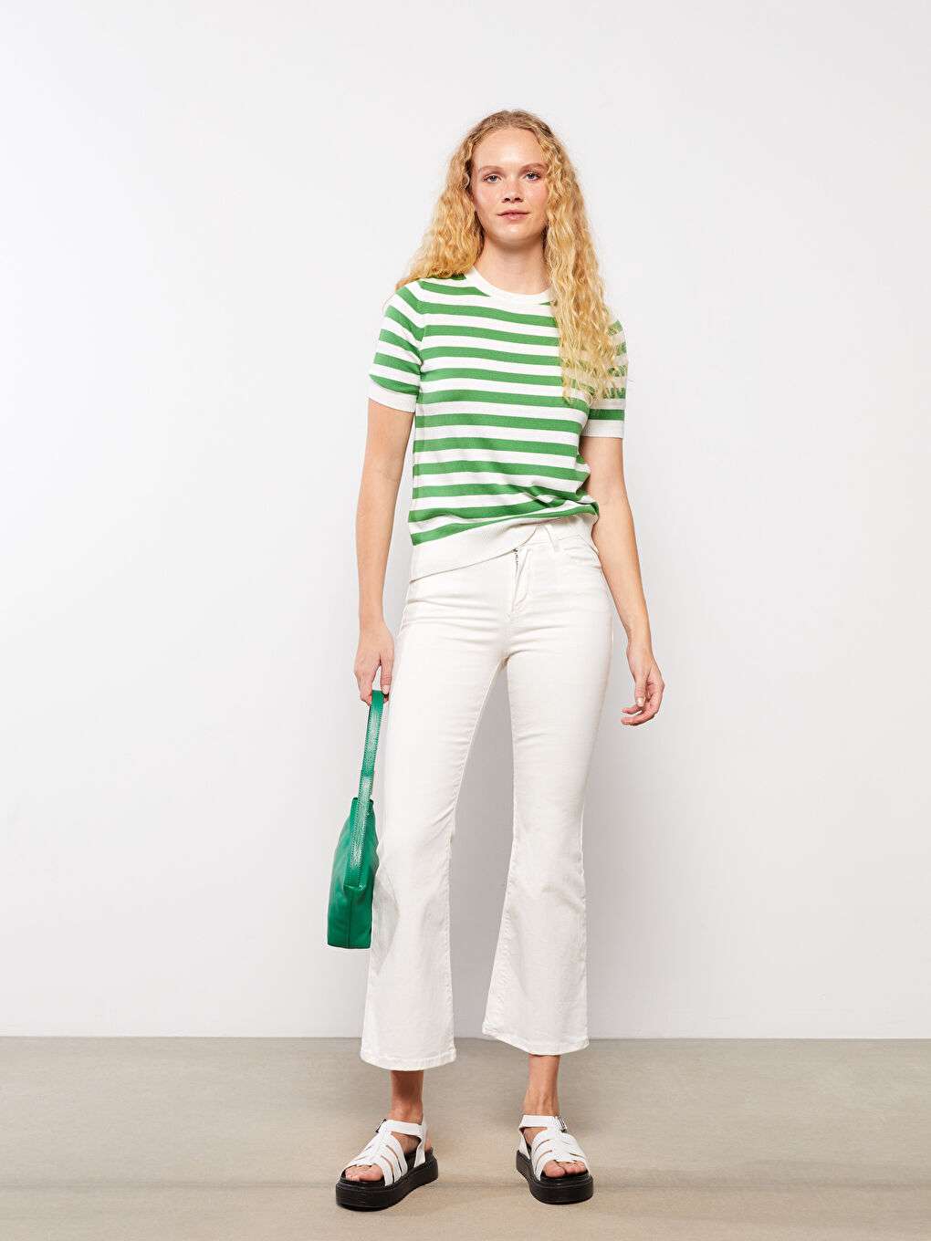 Crew Neck Striped Short Sleeve Women's Knitwear Sweater-2