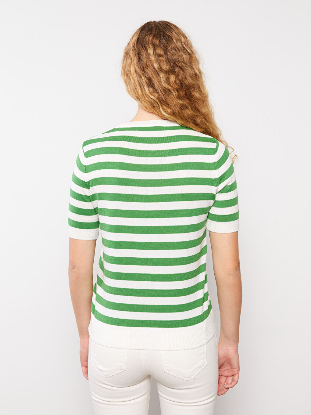 Crew Neck Striped Short Sleeve Women's Knitwear Sweater-4