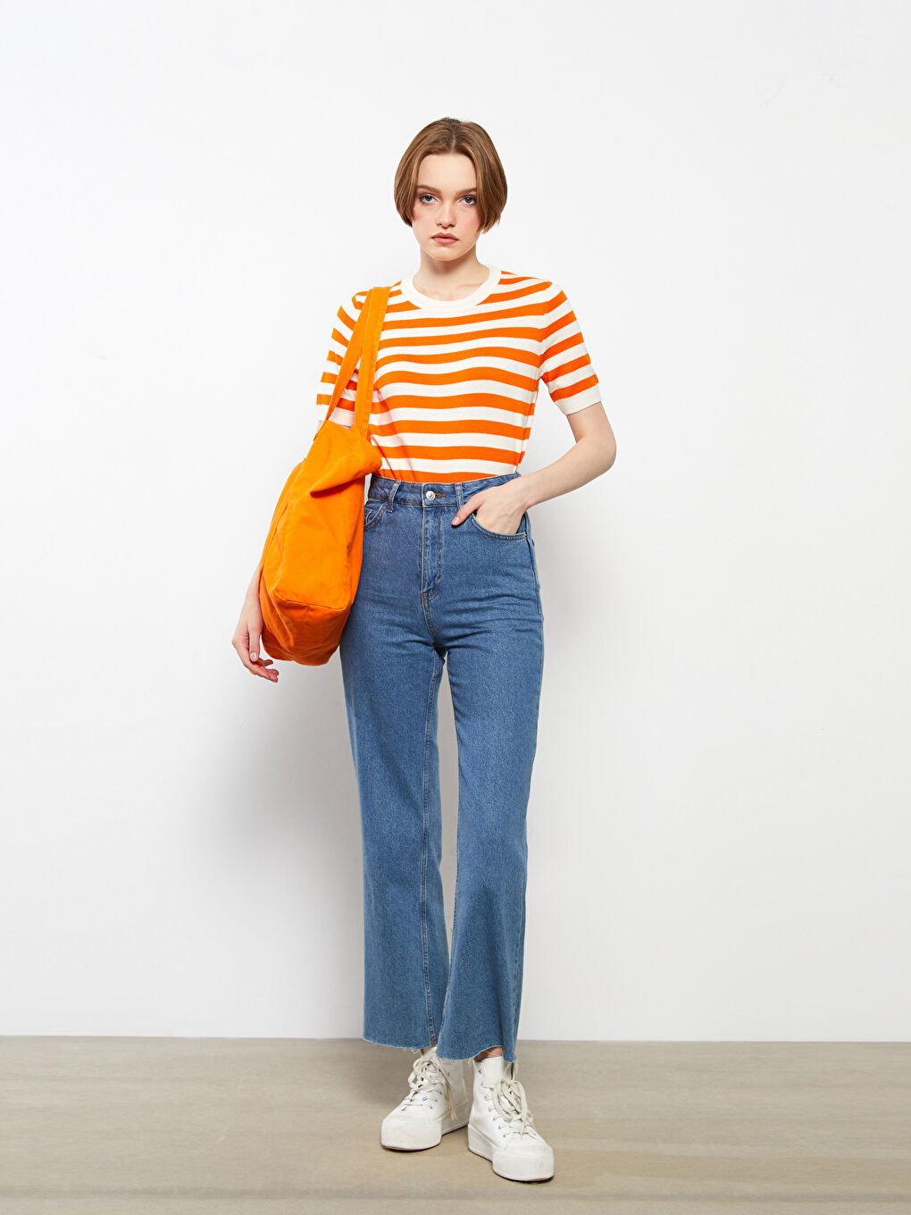 Turuncu Bisiklet Yaka Çizgili Kısa Kollu Kadın Triko Kazak