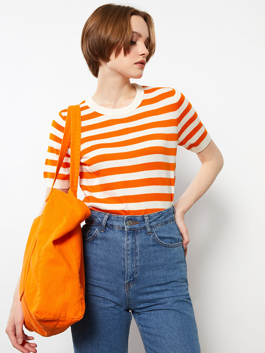 Turuncu Bisiklet Yaka Çizgili Kısa Kollu Kadın Triko Kazak-1