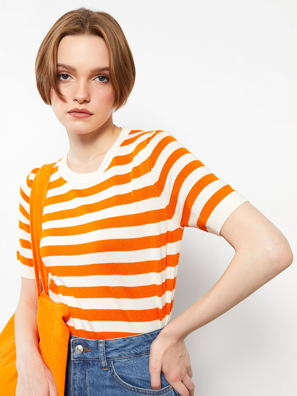 Turuncu Bisiklet Yaka Çizgili Kısa Kollu Kadın Triko Kazak-2