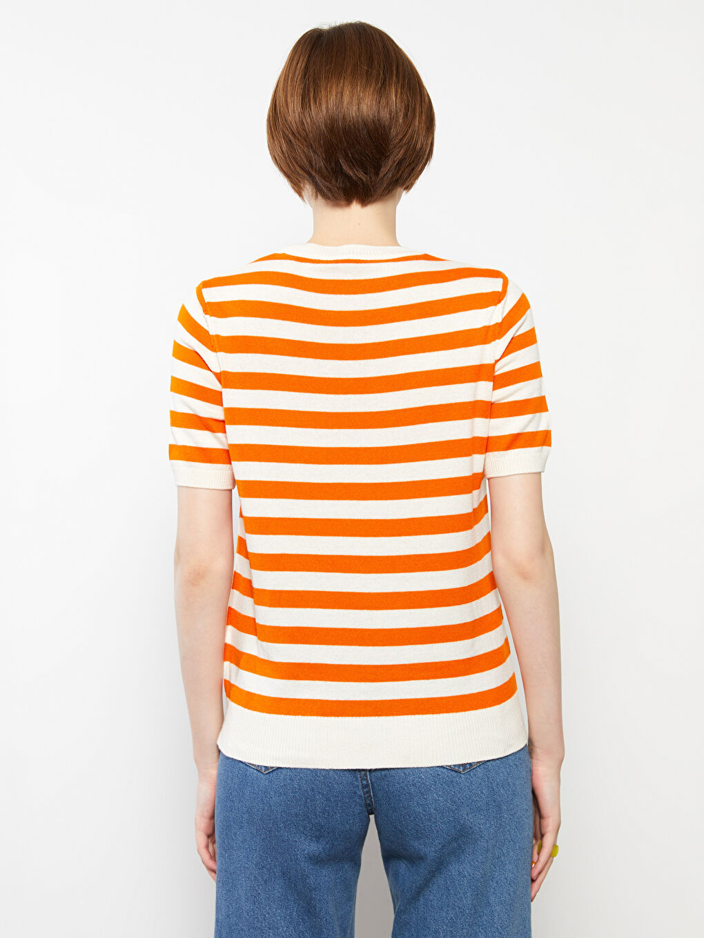 Turuncu Bisiklet Yaka Çizgili Kısa Kollu Kadın Triko Kazak-4