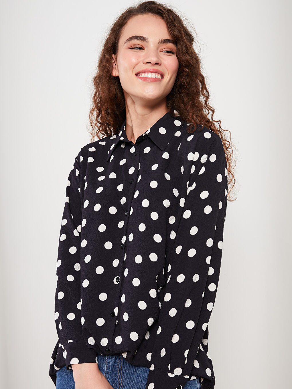 Siyah Puantiyeli Uzun Kollu Kadın Gömlek Tunik