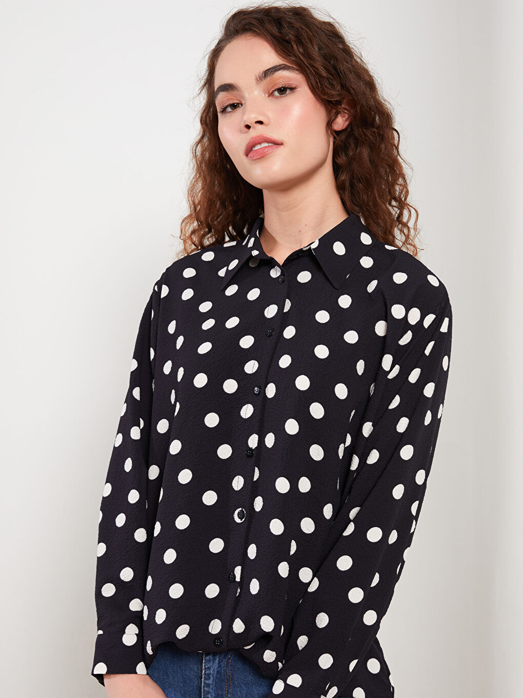 Siyah Puantiyeli Uzun Kollu Kadın Gömlek Tunik-1