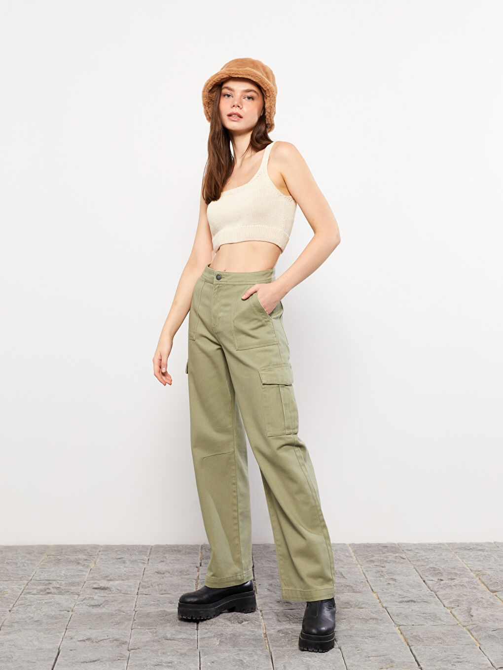 Yeşil Kadın Standart Fit Düz Pantolon