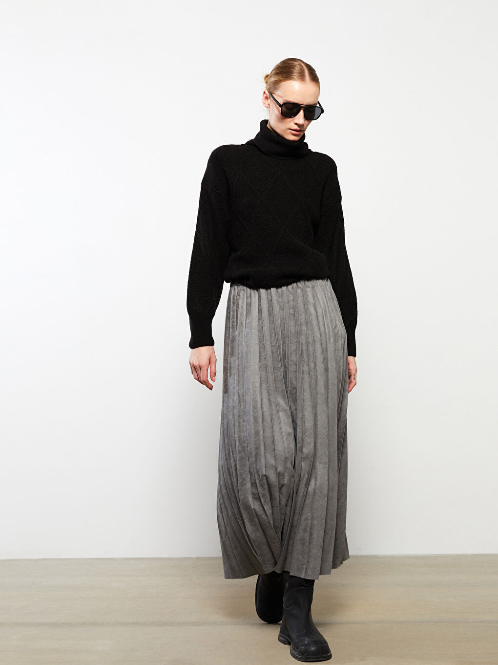 Fustă Plisată Simplă cu Talie Elastică pentru Femei-4