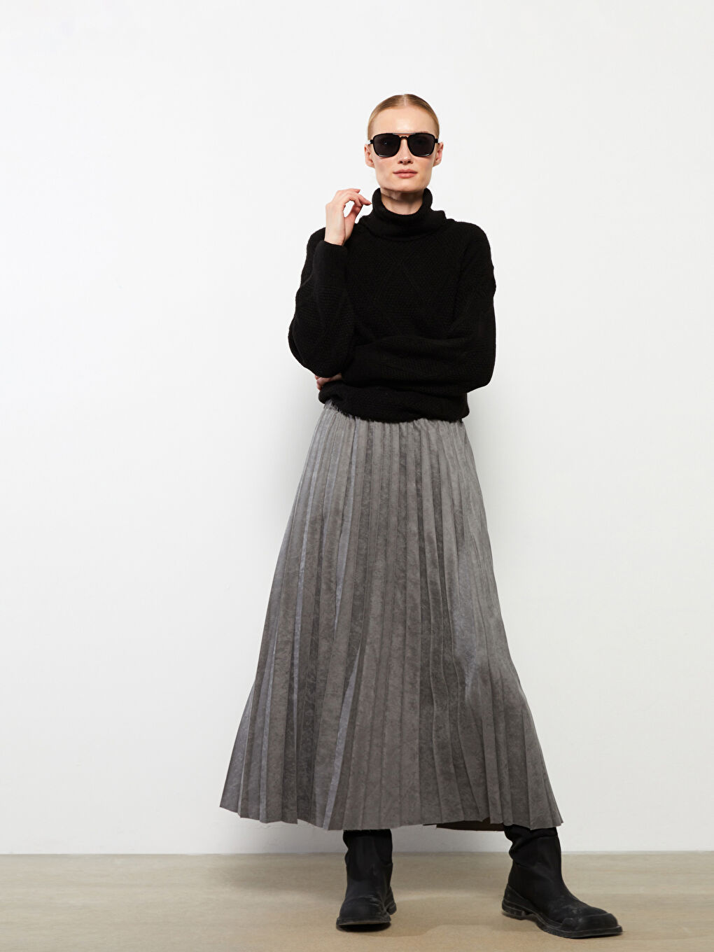 Fustă Plisată Simplă cu Talie Elastică pentru Femei-5