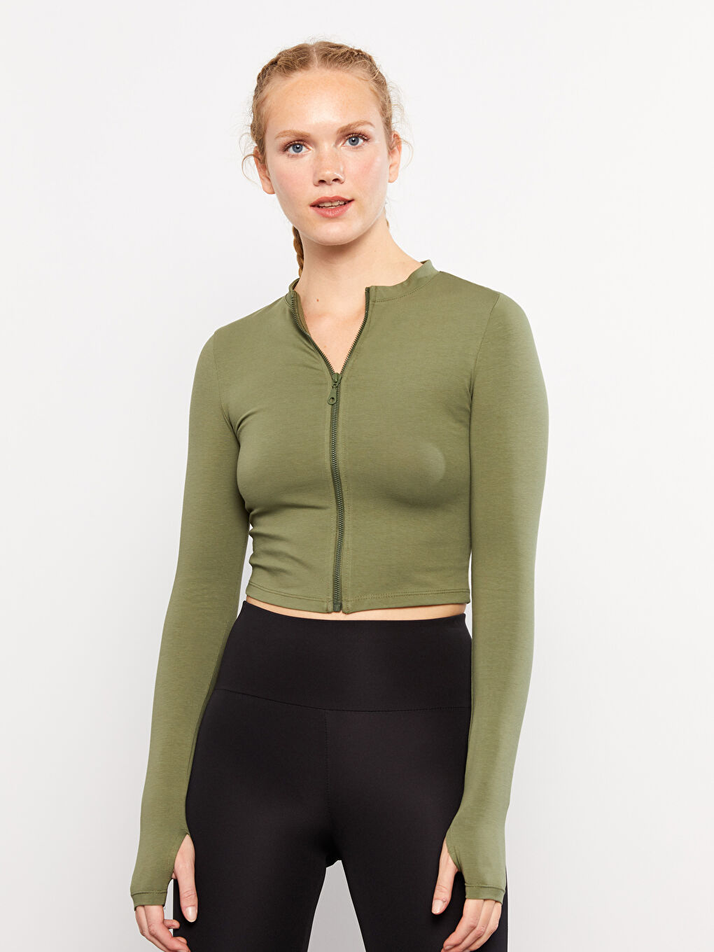 Haki Dik Yaka Kadın Fermuarlı Sweatshirt