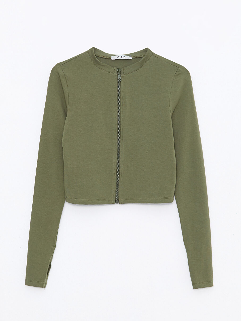 Haki Dik Yaka Kadın Fermuarlı Sweatshirt-5