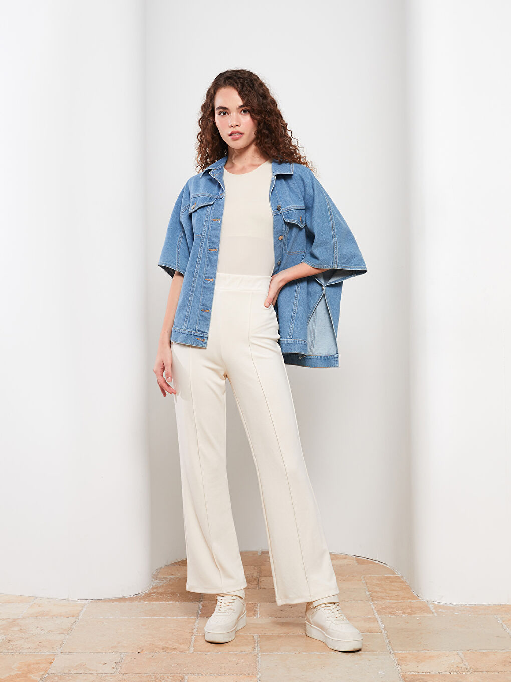 Ekru Kadın Beli Lastikli Düz Eşofman Altı-1